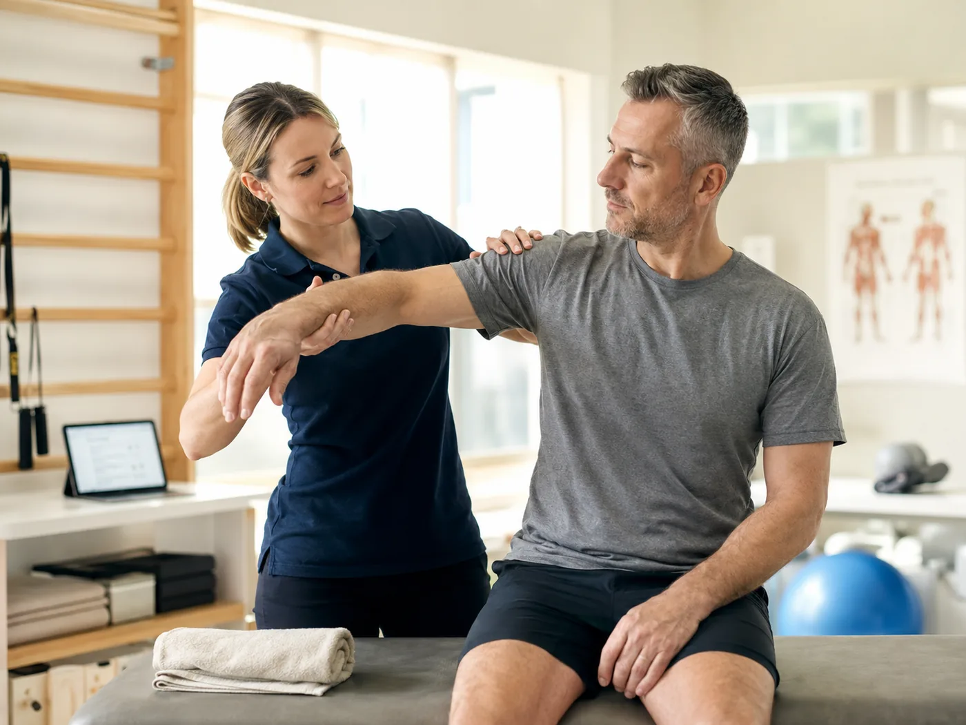 Physiotherapeutin behandelt die Schulter eines Patienten in einer hellen Praxis