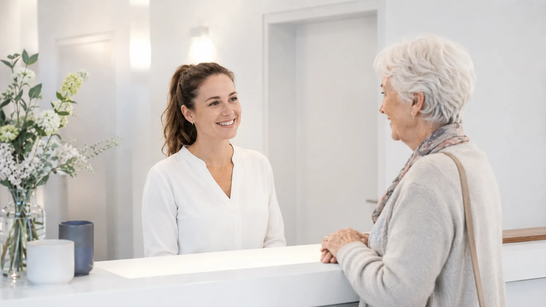 Lächelnde Empfangskraft begrüßt eine Patientin am Empfang einer modernen Praxis