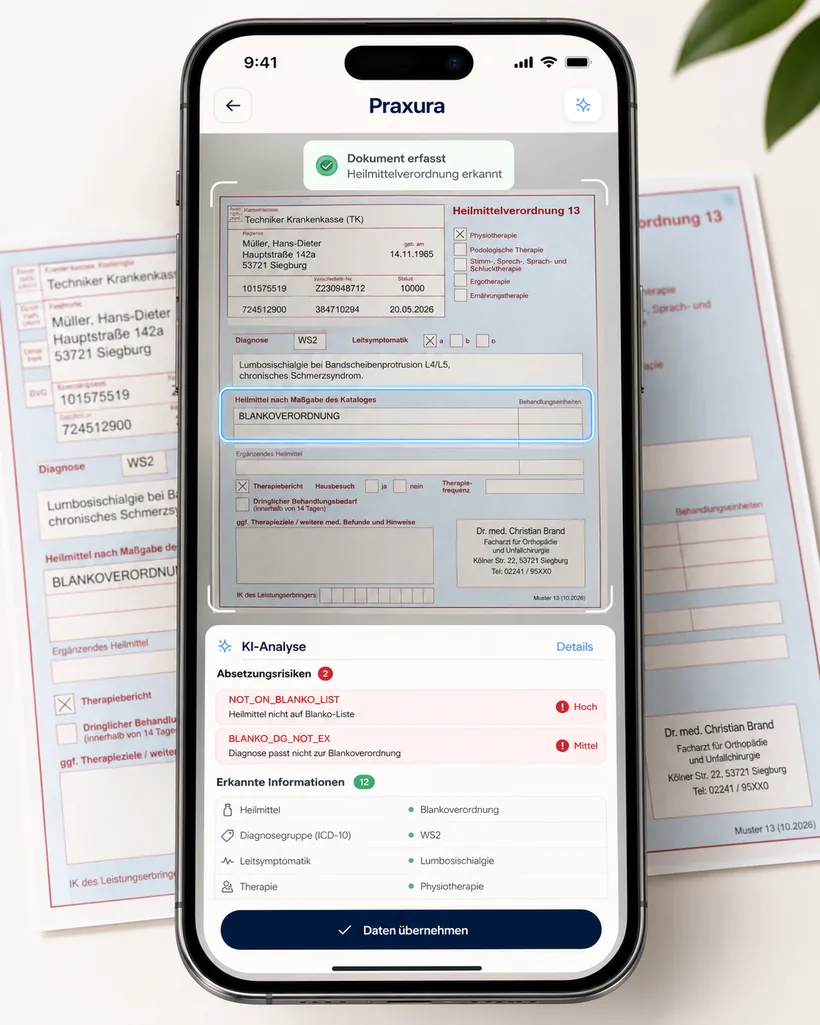 Praxura App auf dem Smartphone: KI-Rezeptprüfung einer Heilmittelverordnung mit Absetzungsprüfung